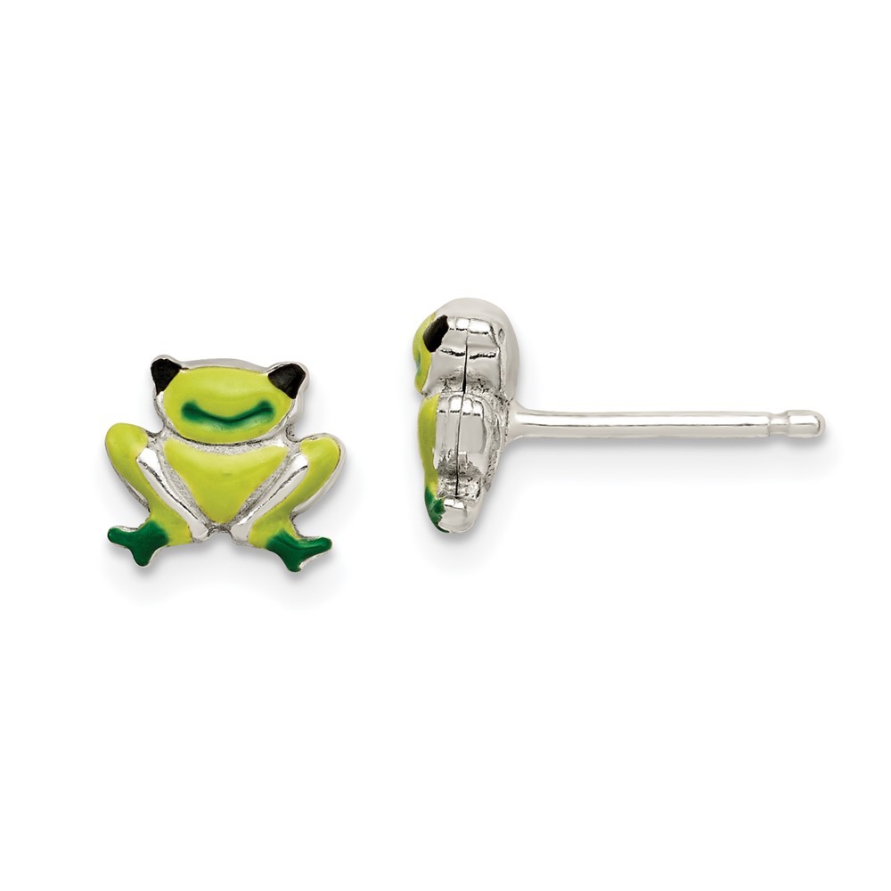 925 Sterling Silver Polished Enamel Frog Childs Post Earrings